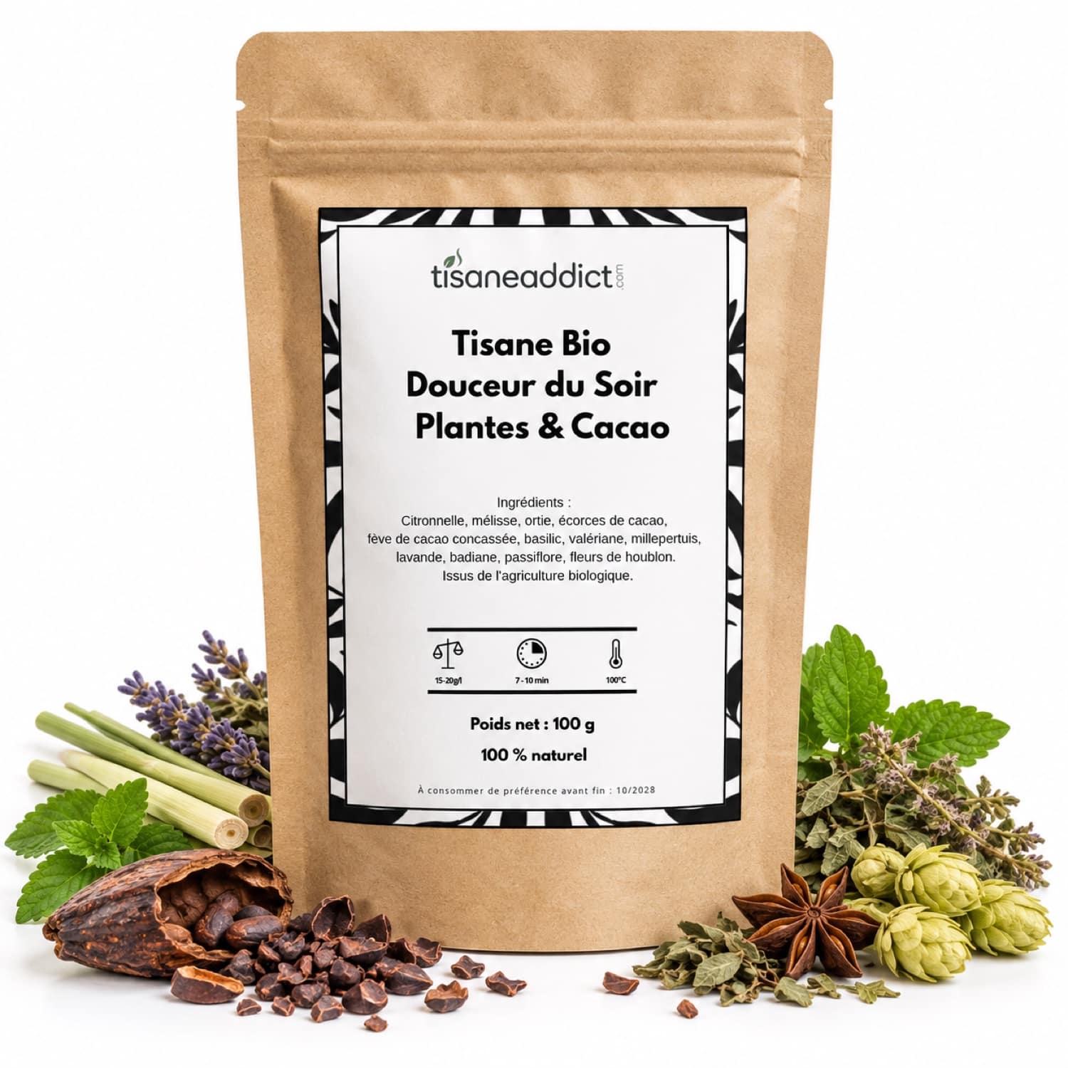 Tisane bio douceur du soir – Plantes & cacao – 100 g